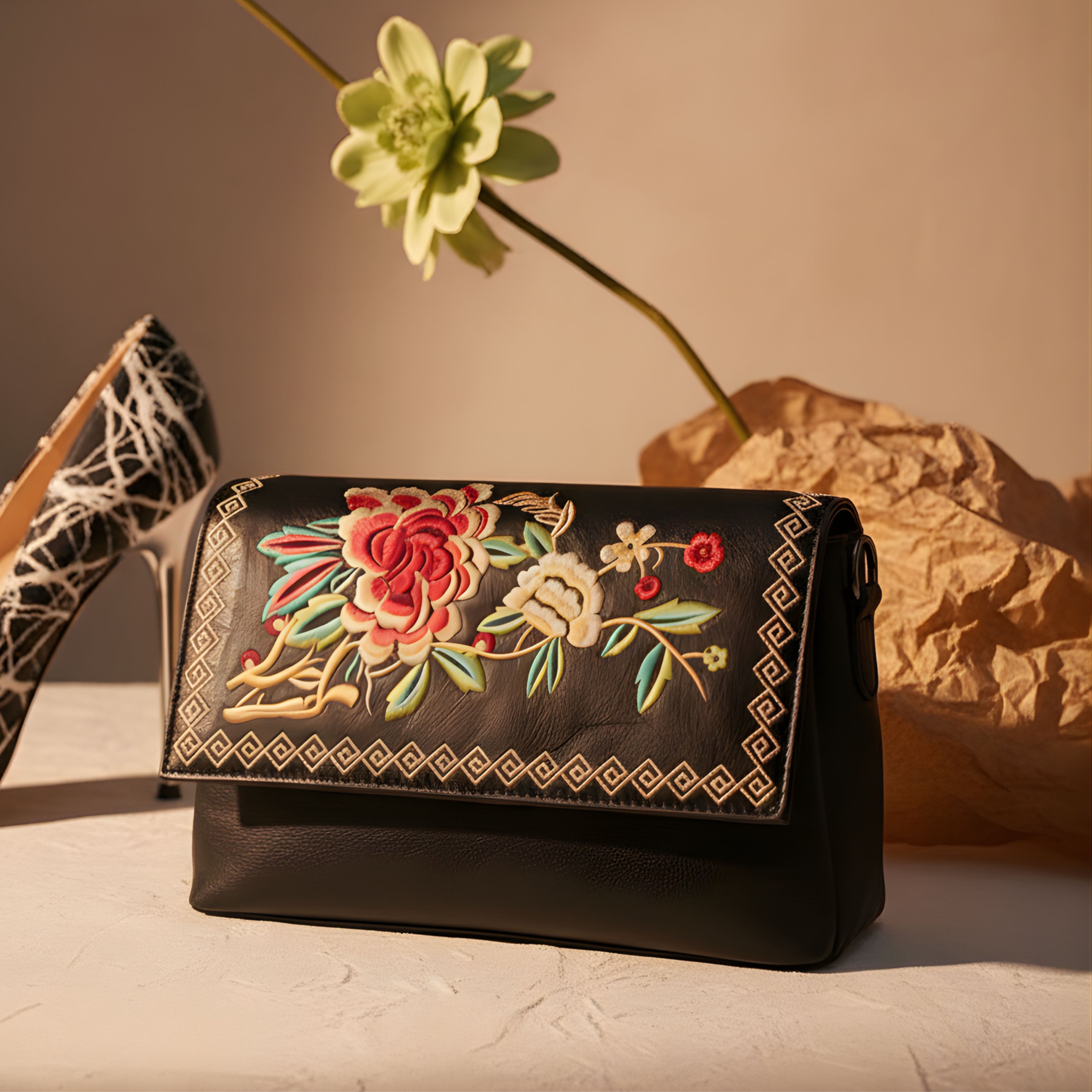 BLACK BLOOM LEATHER SHOULDER BAG