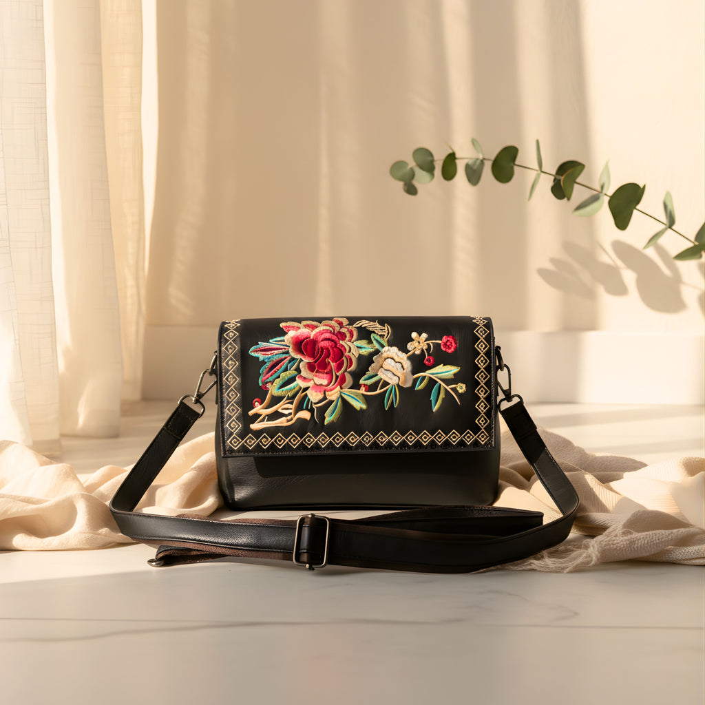 BLACK BLOOM LEATHER SHOULDER BAG