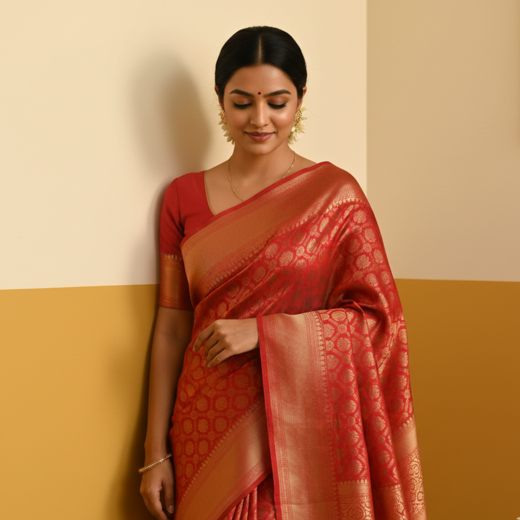 Rust Banarasi silk saree