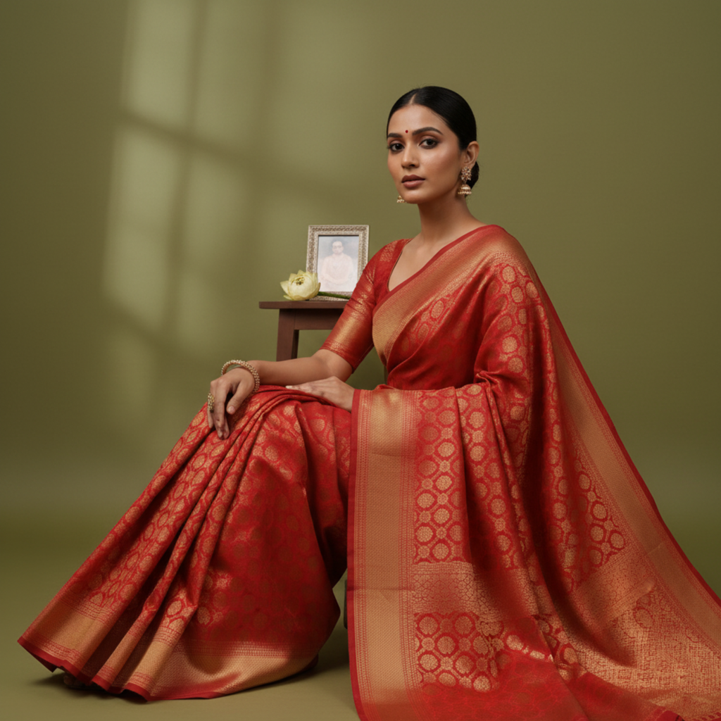Rust Banarasi silk saree