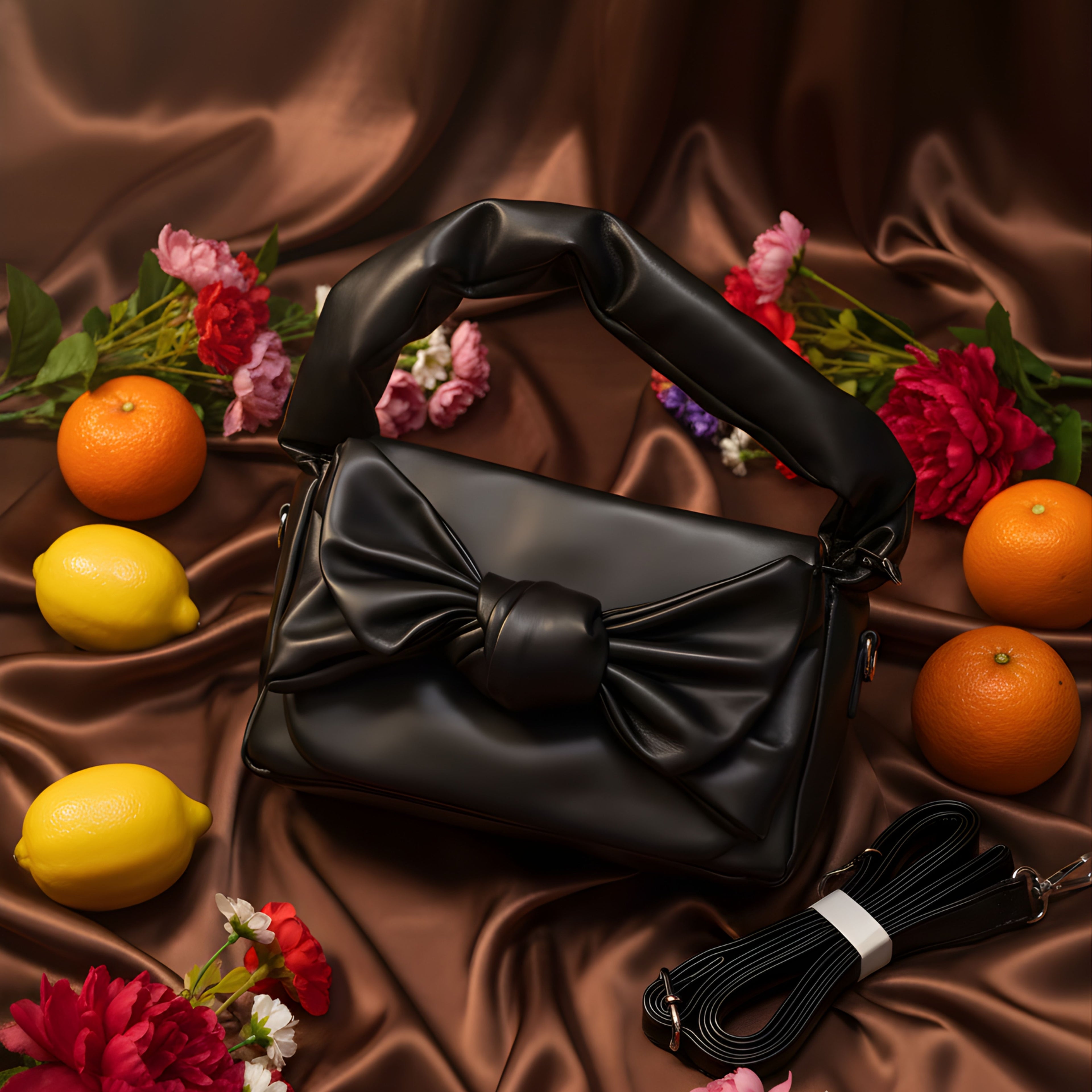 BLACK SATIN BOW SHOULDER BAG