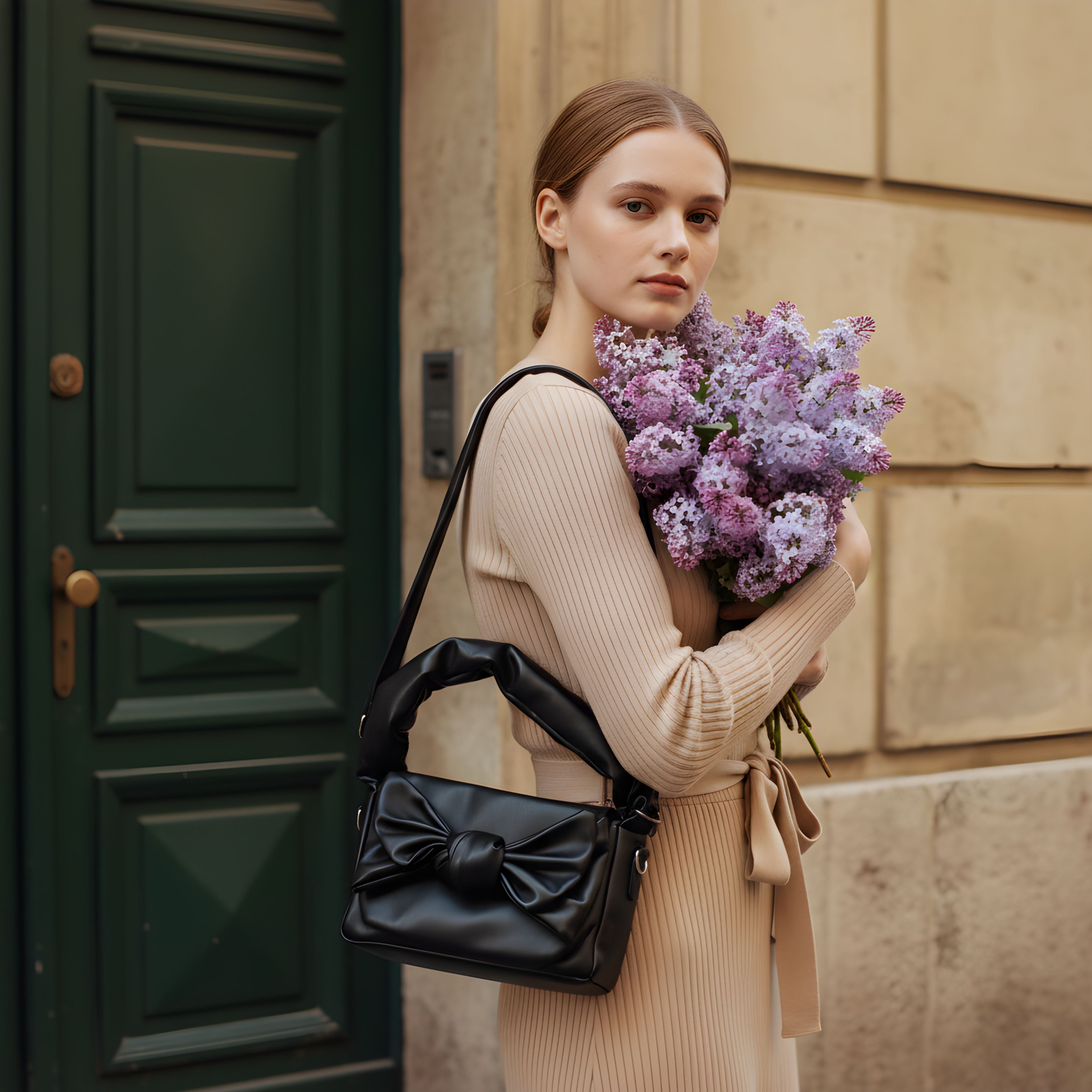 BLACK SATIN BOW SHOULDER BAG