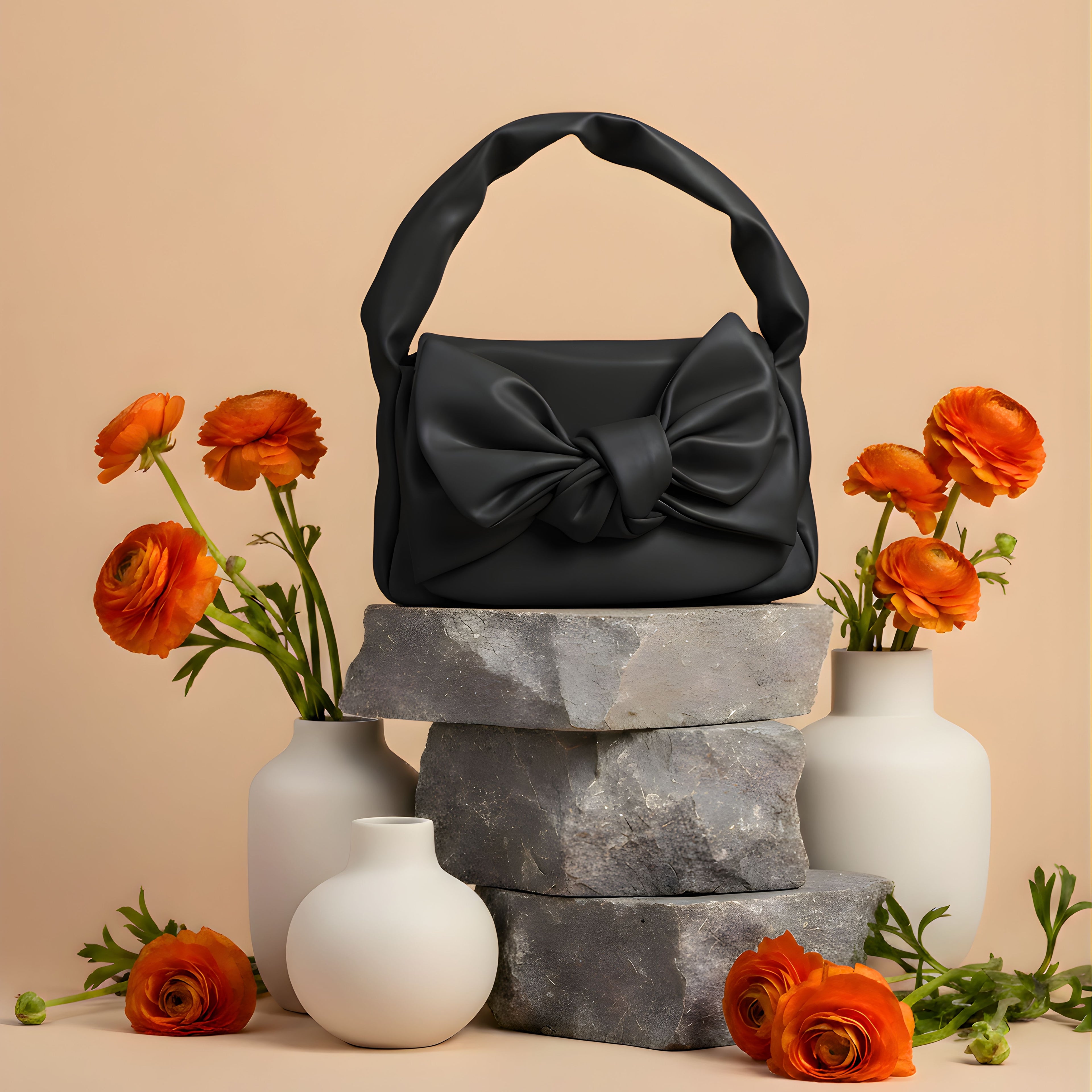 BLACK SATIN BOW SHOULDER BAG