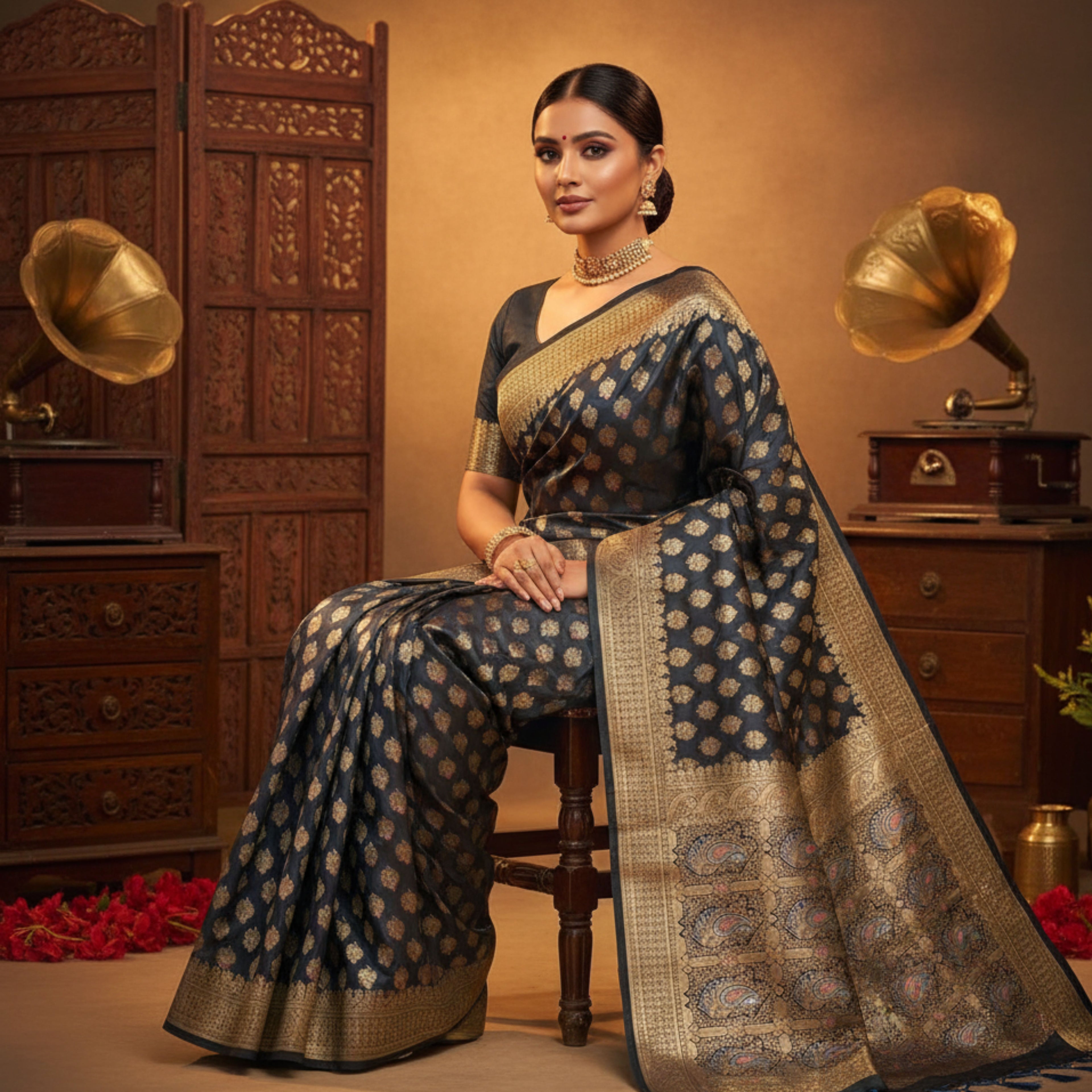 Midnight Blue Banarasi Silk Saree