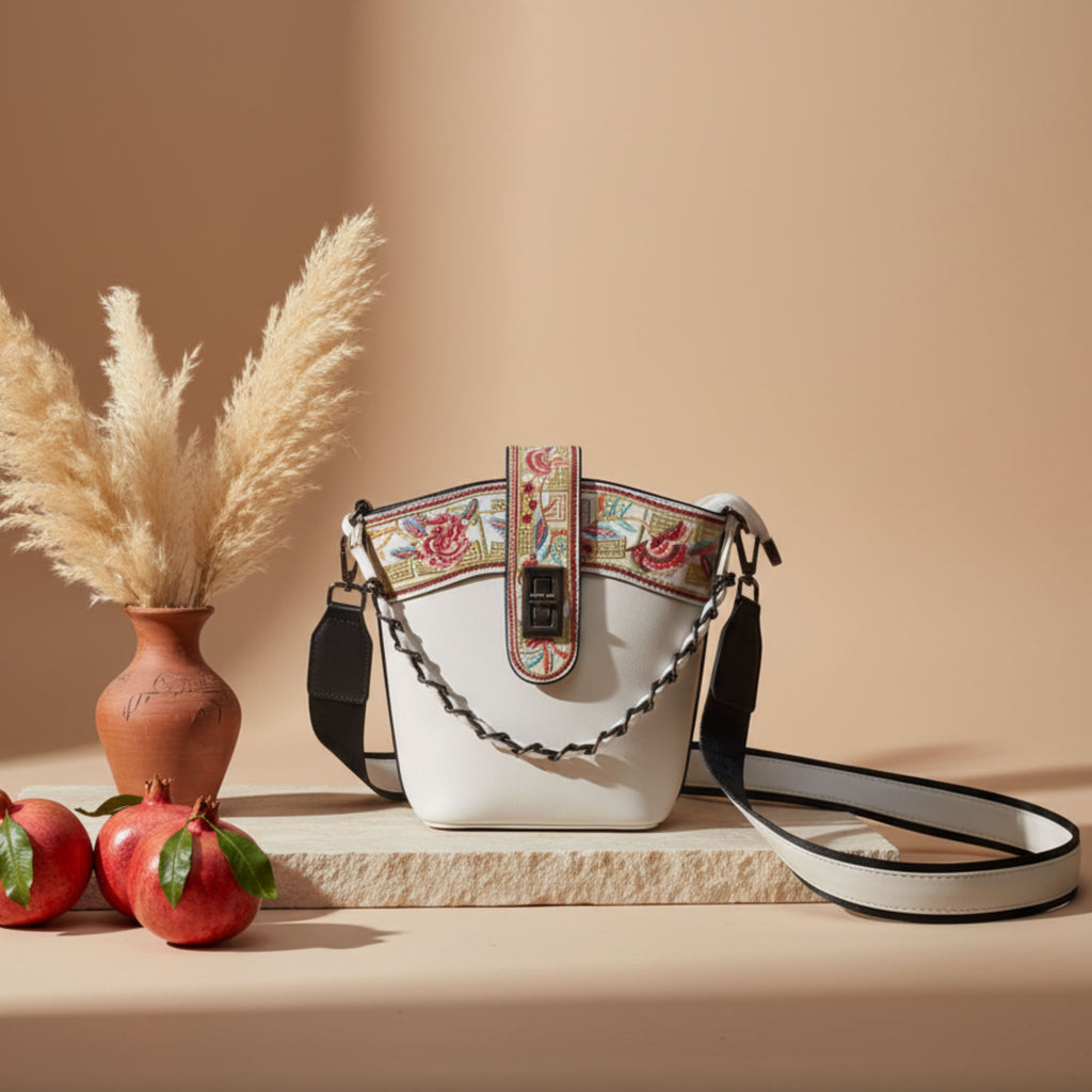 WHITE EMBROIDERED LEATHER CROSSBODY