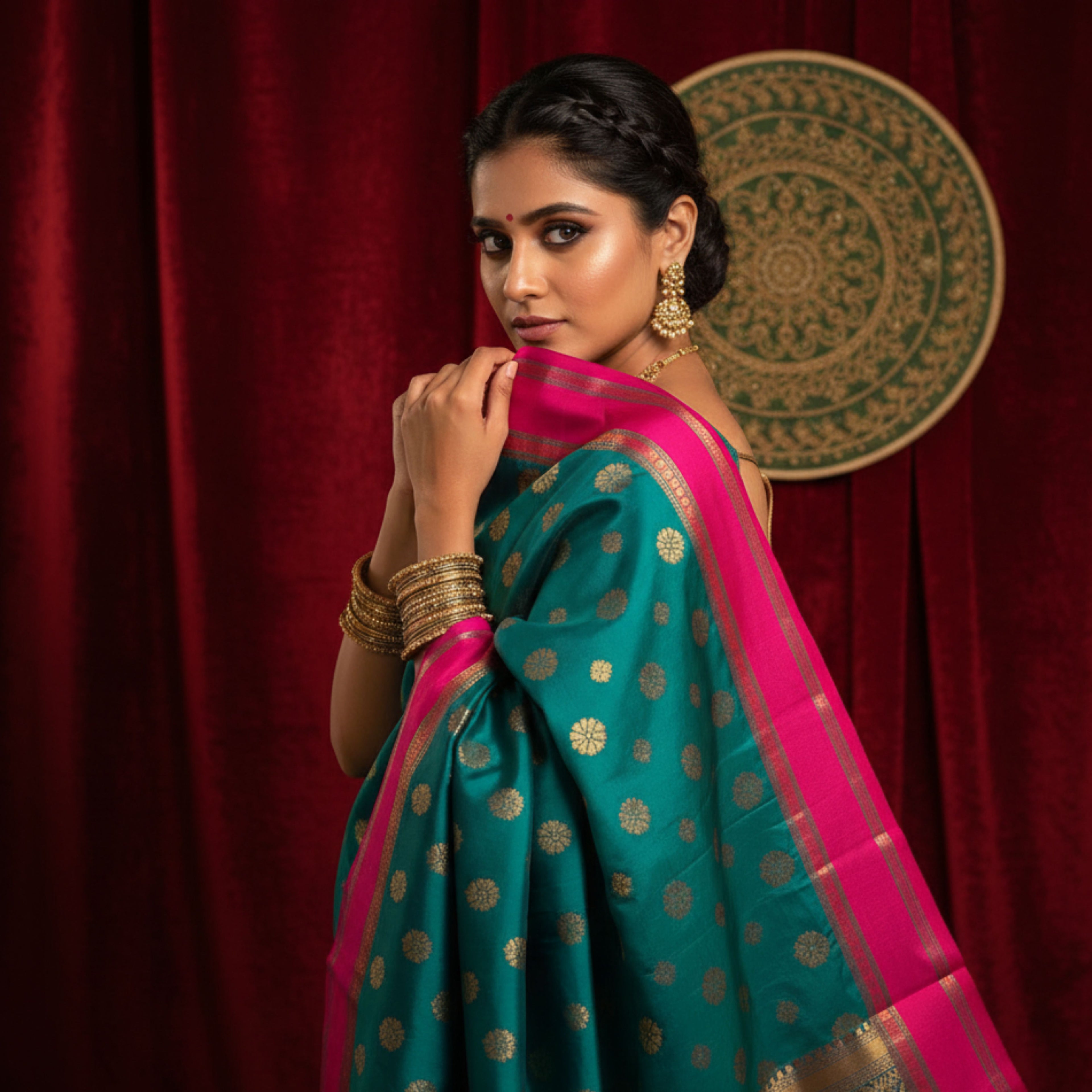 Teal and Magenta Heritage Silk Saree