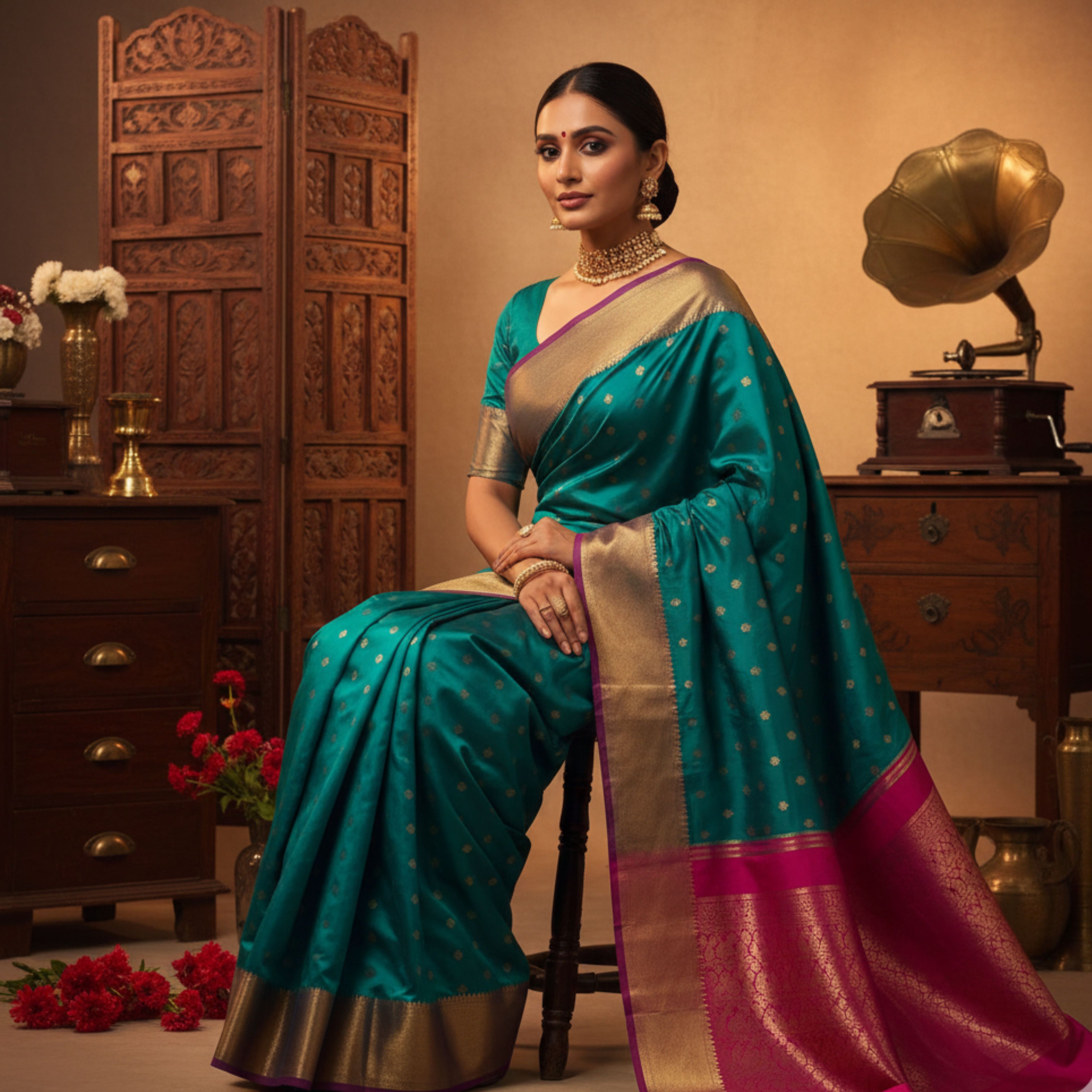 Teal and Magenta Heritage Silk Saree
