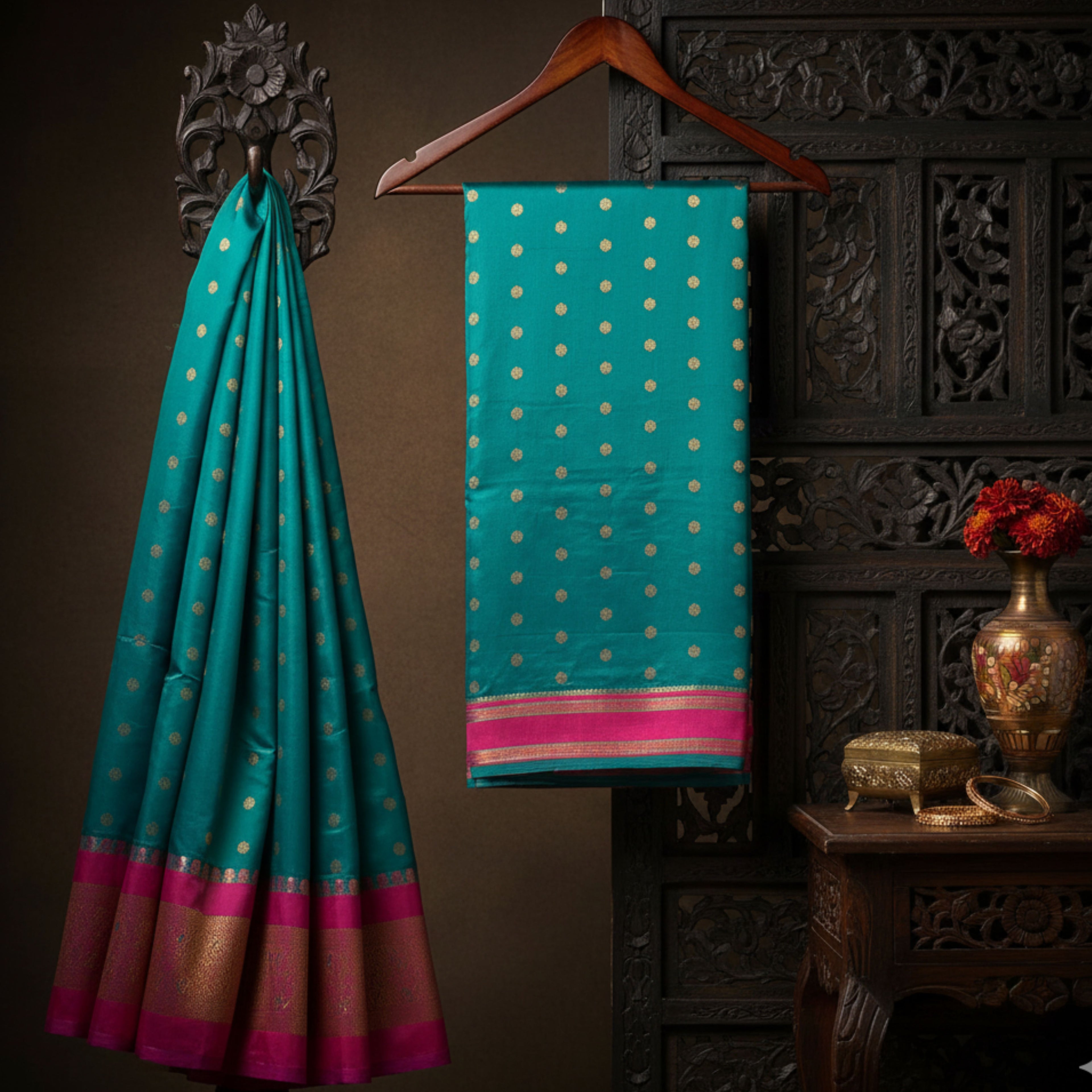Teal and Magenta Heritage Silk Saree