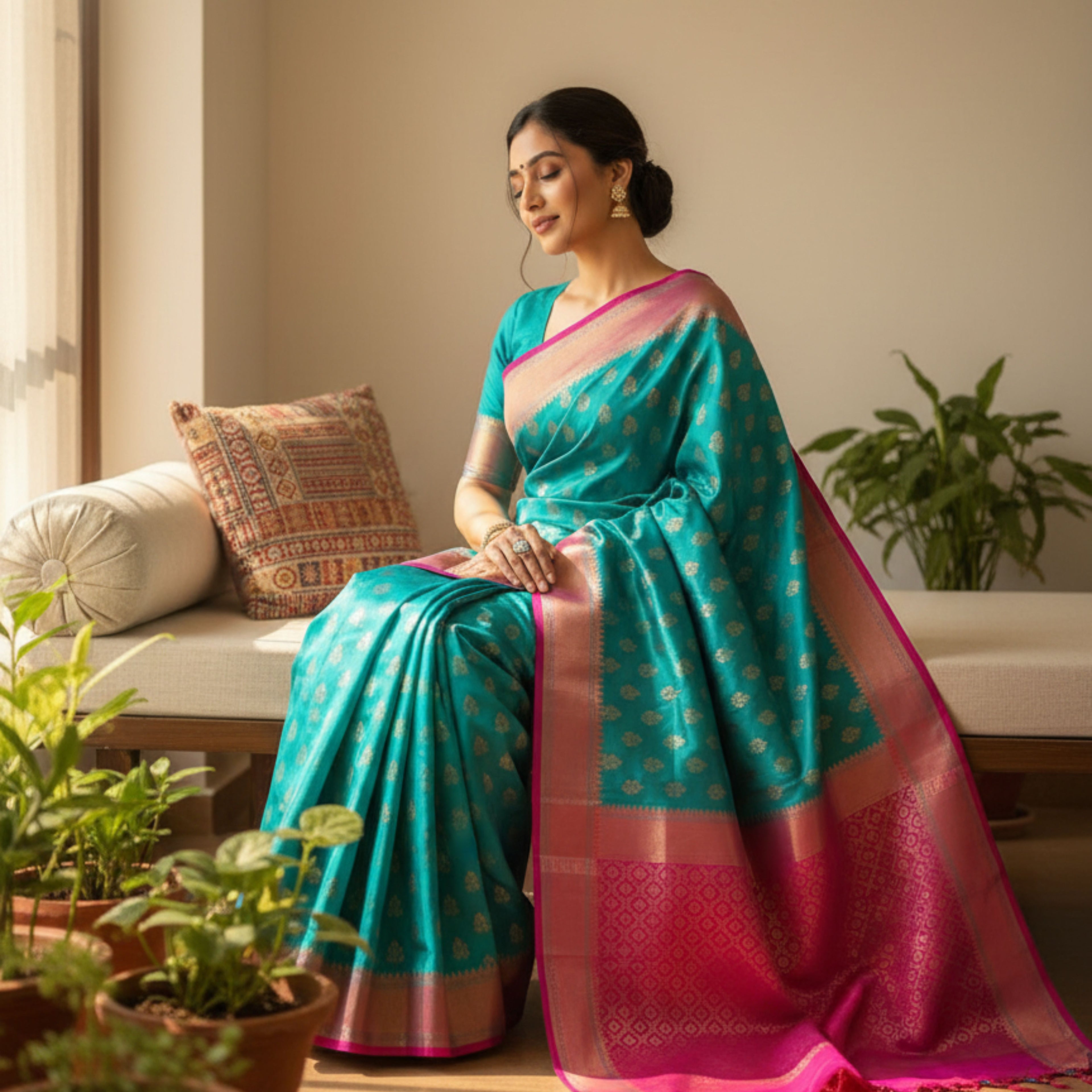 Teal and Magenta Heritage Silk Saree