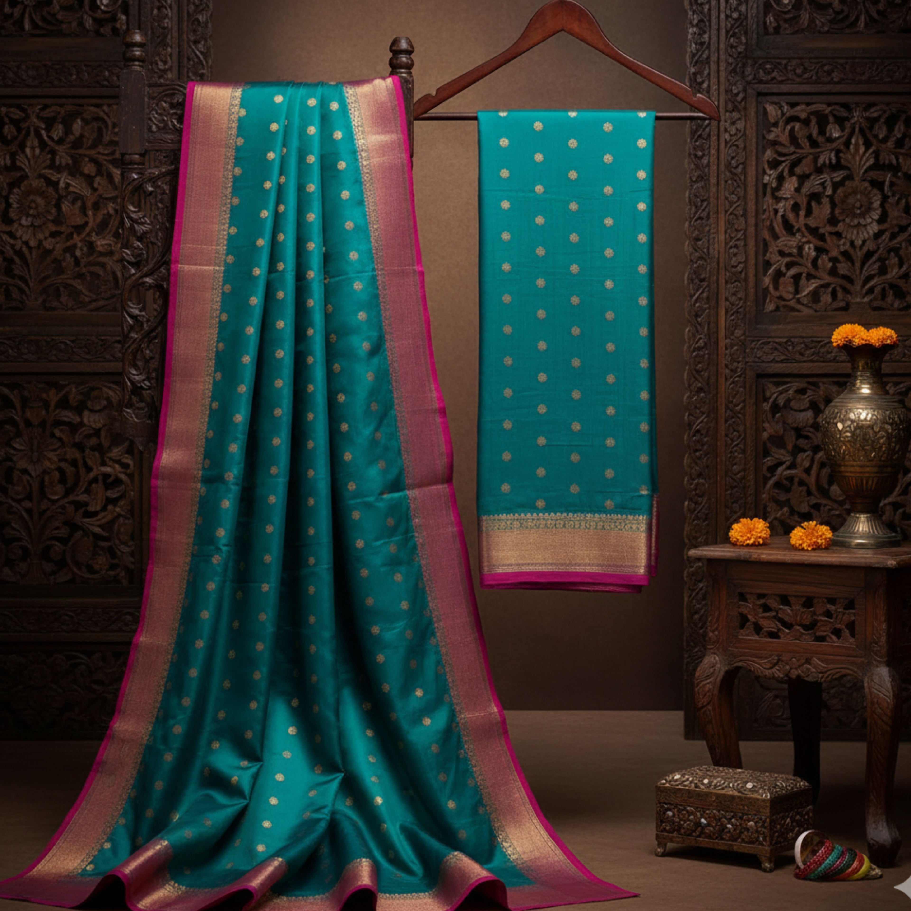 Teal and Magenta Heritage Silk Saree