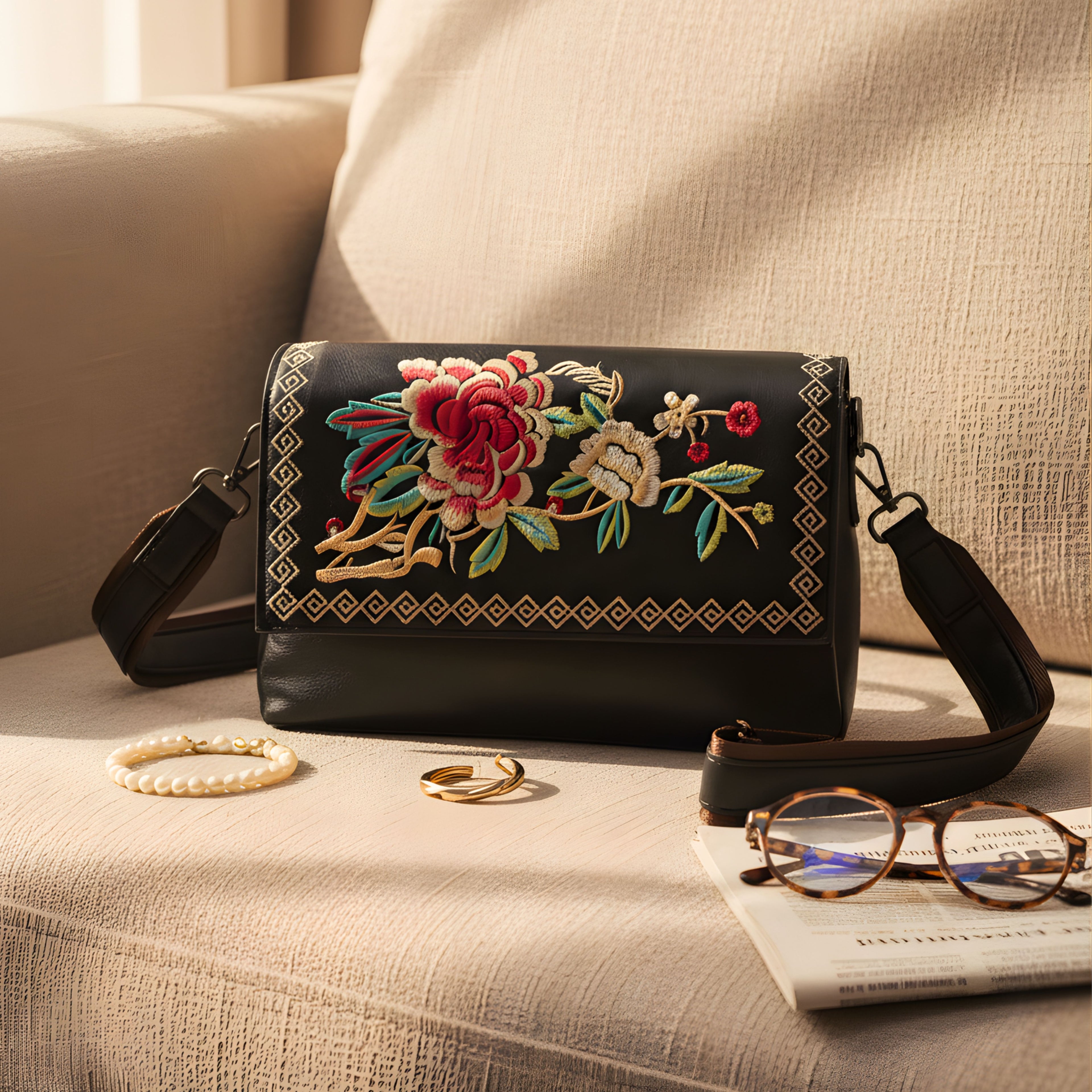 BLACK BLOOM LEATHER SHOULDER BAG