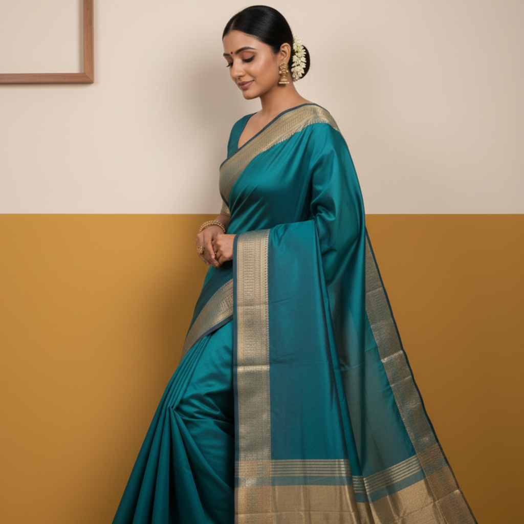 Peacock blue chanderi saree