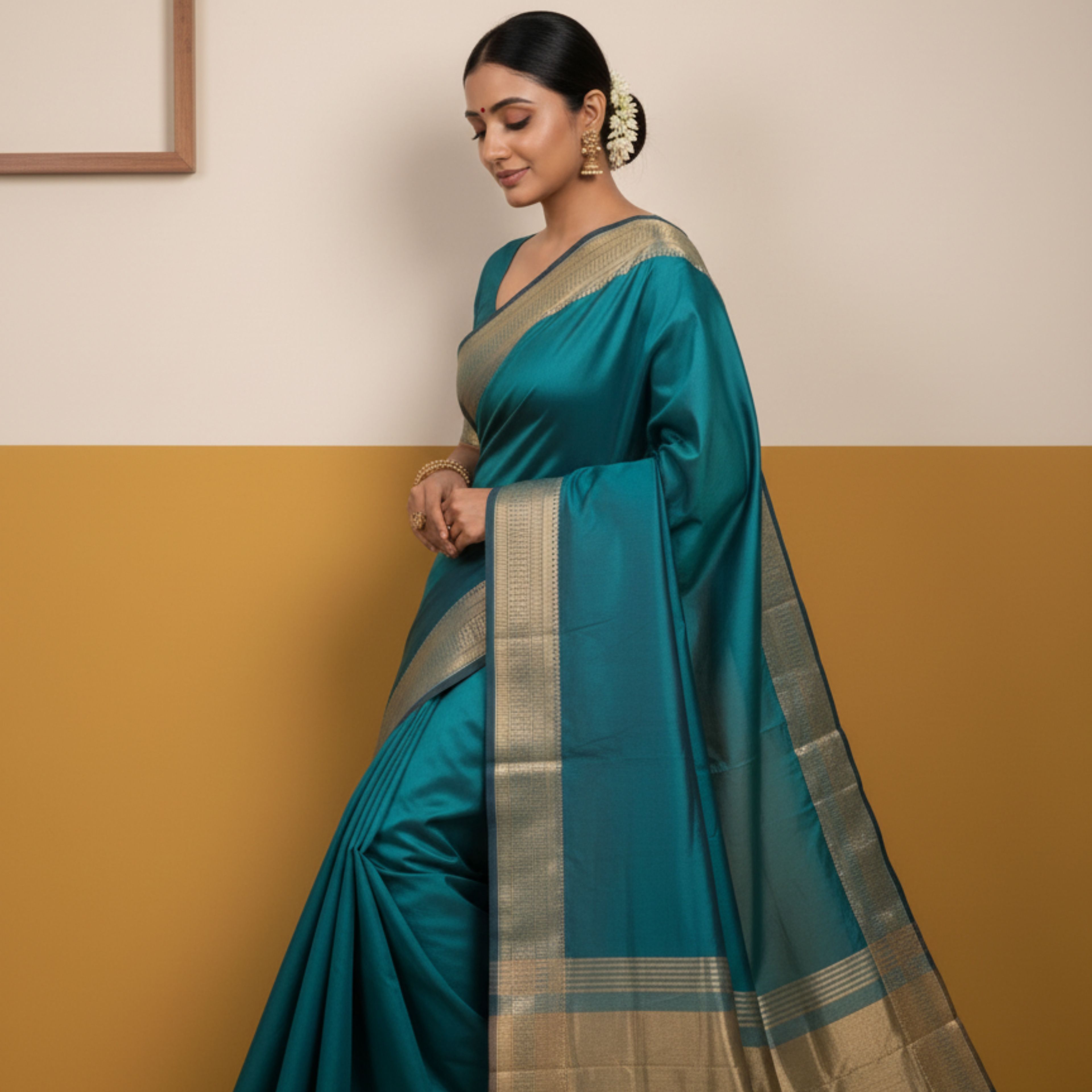 Peacock blue chanderi saree