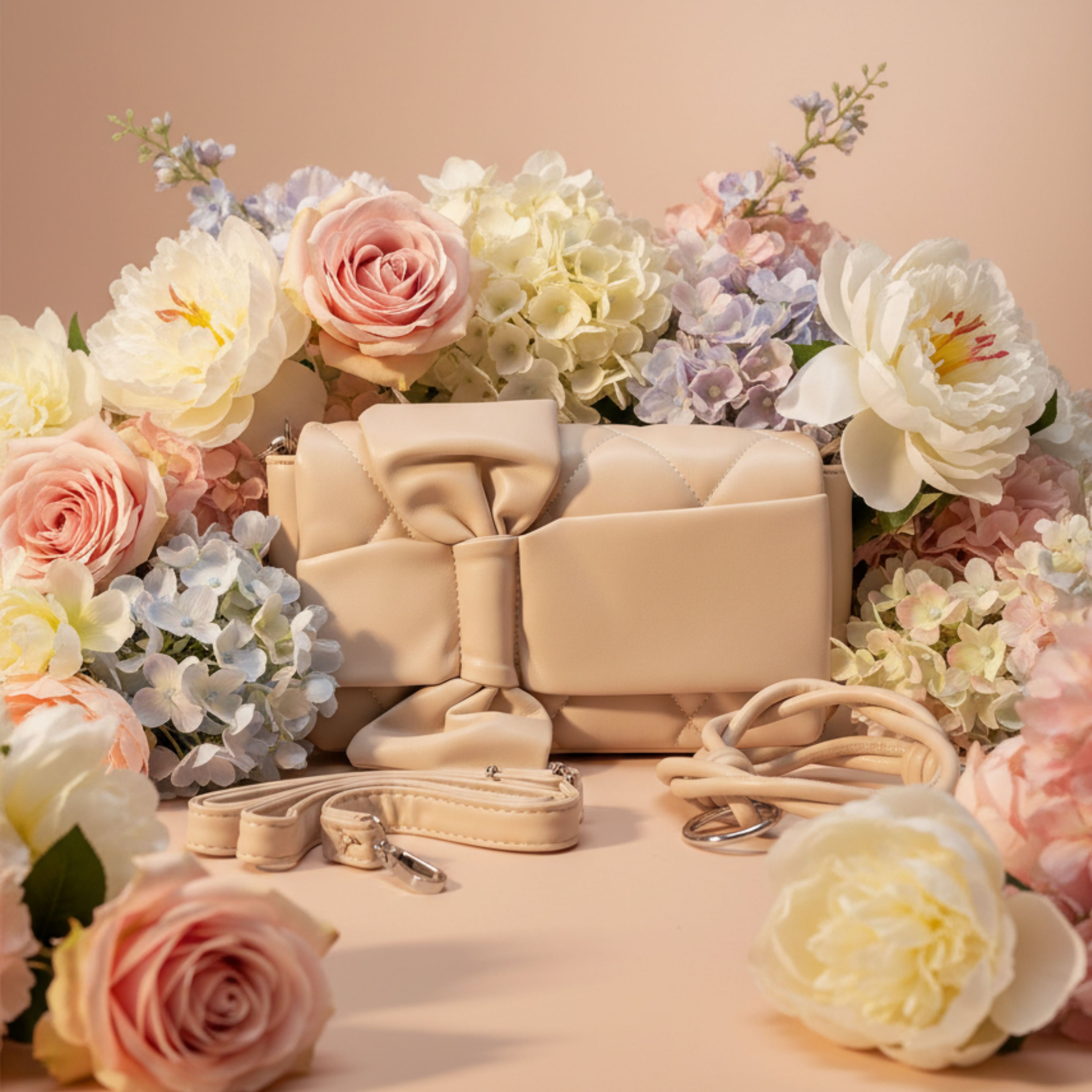 QUILTED BOW SHOULDER BAG - BLUSH PINK FAUX LEATHER