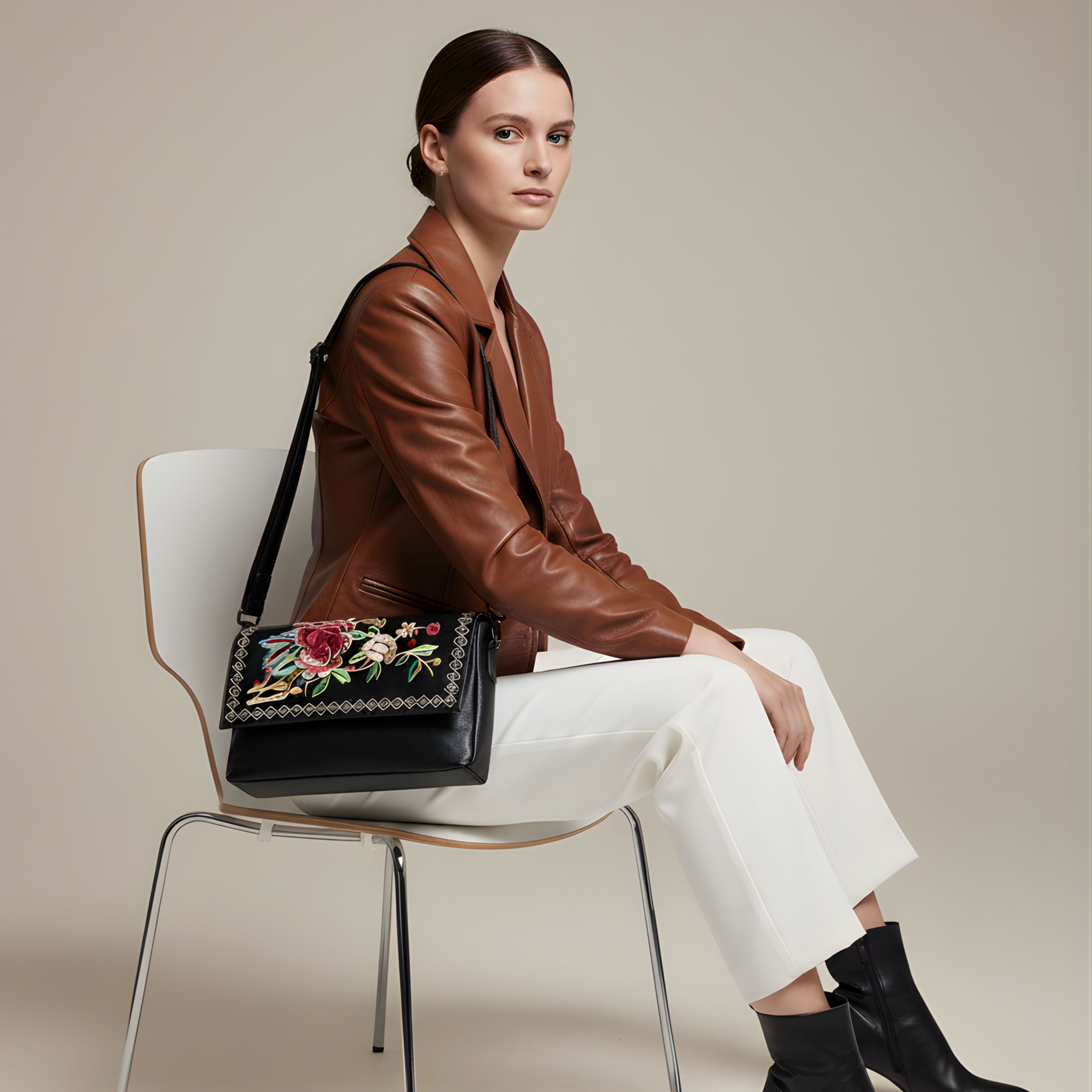 BLACK BLOOM LEATHER SHOULDER BAG