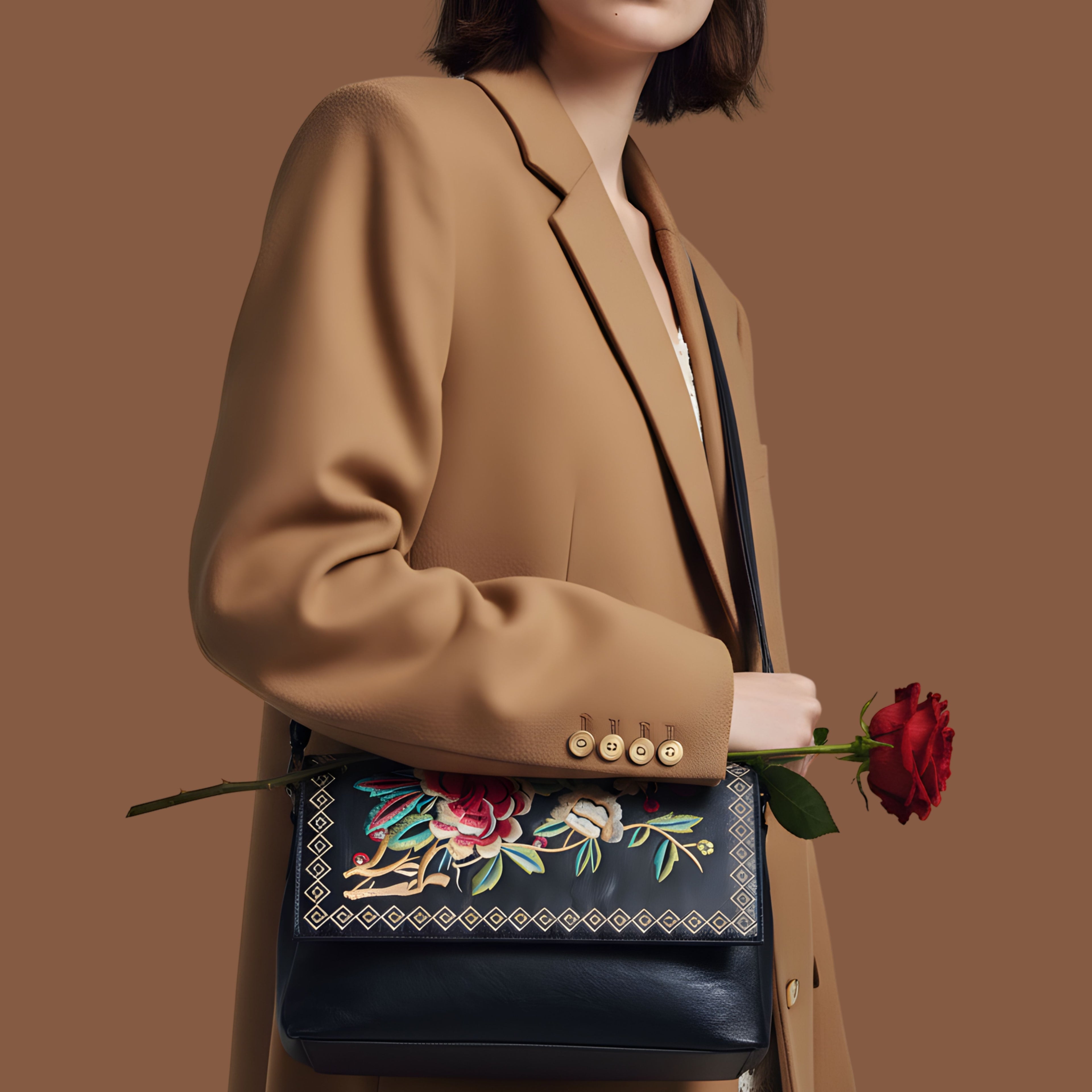 BLACK BLOOM LEATHER SHOULDER BAG